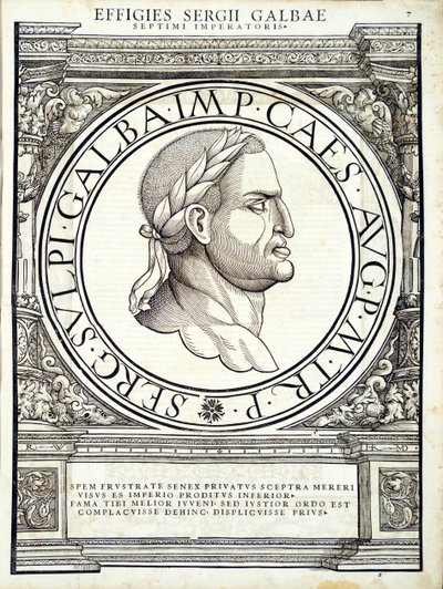 Galba, Illustration aus Imperatorum romanorum omnium orientalium et occidentalium verissimae imagines ex antiquis numismatis, 1559 von Hans Rudolf Manuel Deutsch